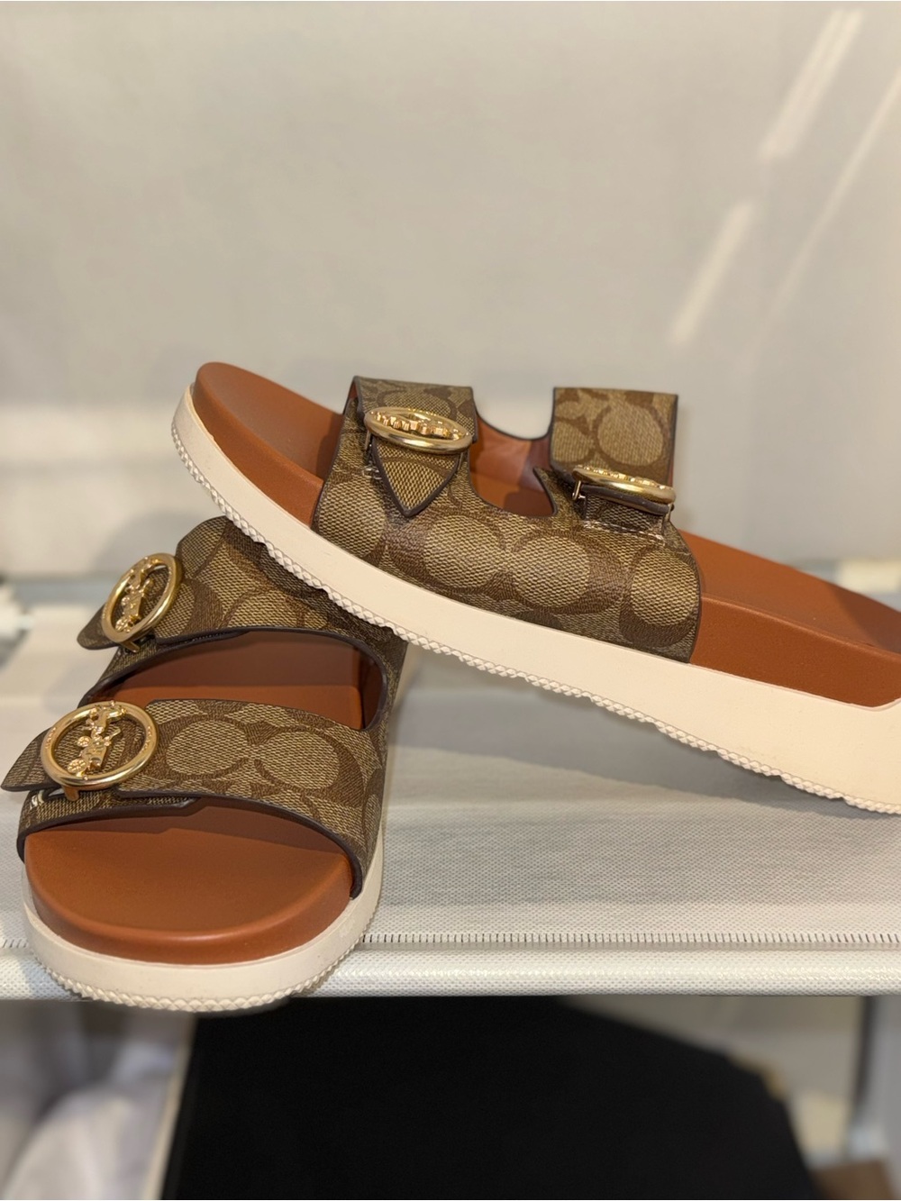 Coach Brown Signature Monogram Double-Buckle Slide Sandals - Picture 2 of 5